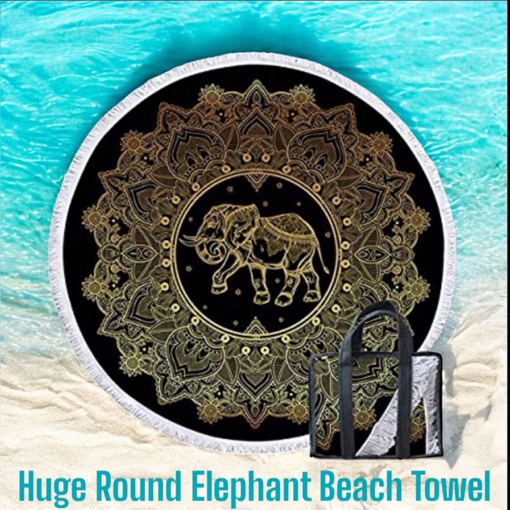 Huge Round Gold & Black Boho Elephant 🐘 Mandala Beach 🏖️ Towel / Blanket NWOT
